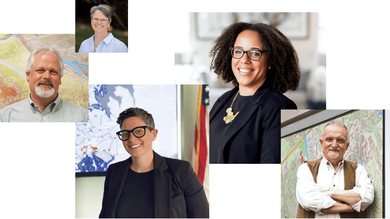 A photo collage shows a selection of real people who are featured in stories about GIS heroes from Esri’s ArcNews publication. 