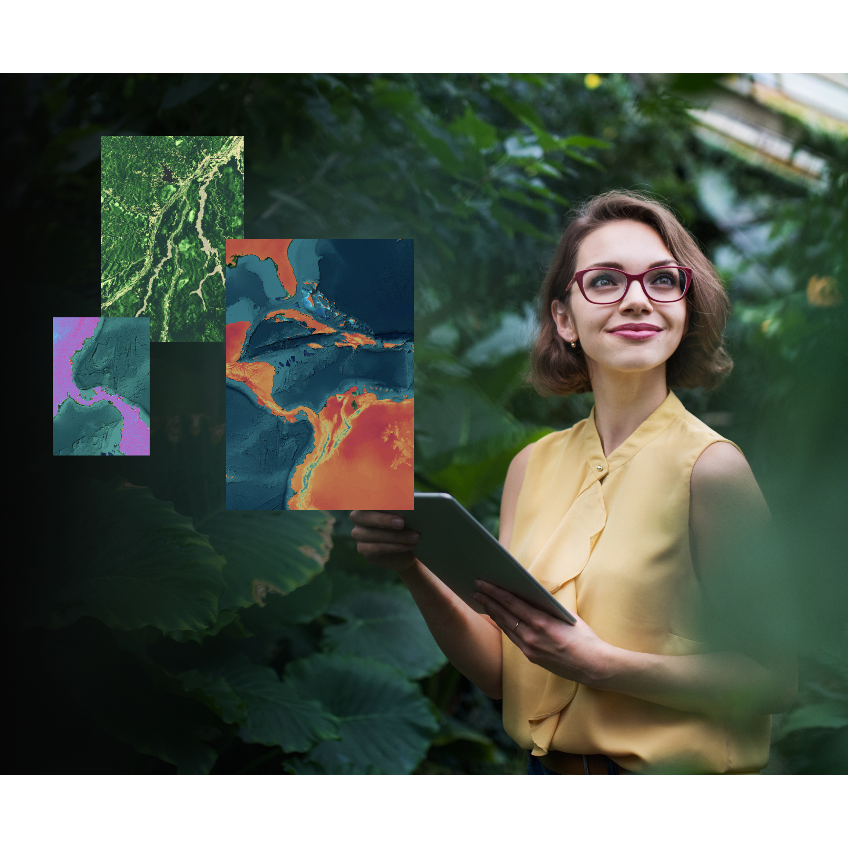 A young woman wearing glasses and a yellow shirt is holding a tablet while standing against a backdrop of trees, looking out into the distance. Alongside are colorful maps indicating what is on her tablet. 