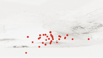 White and gray 3D rendering with scattered red data marks