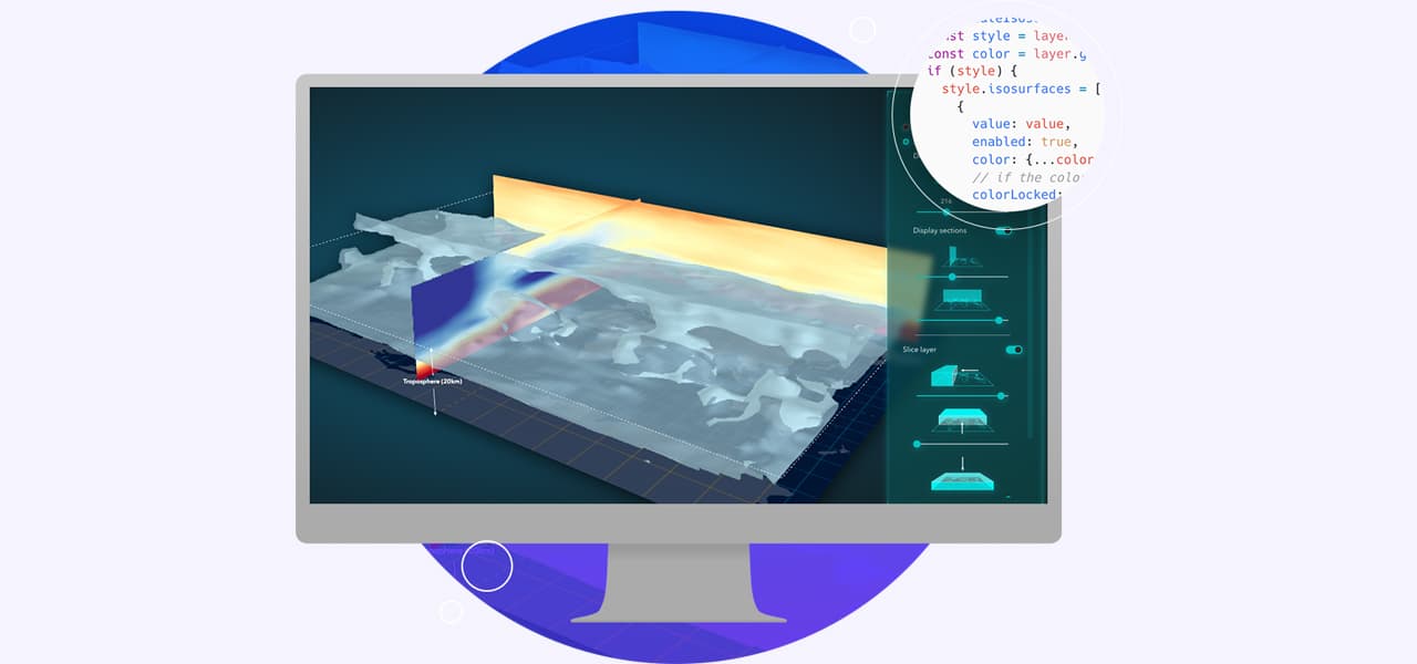Computer monitor displaying a 3D map of mountain trail with inset line graphs that show vertical elevation