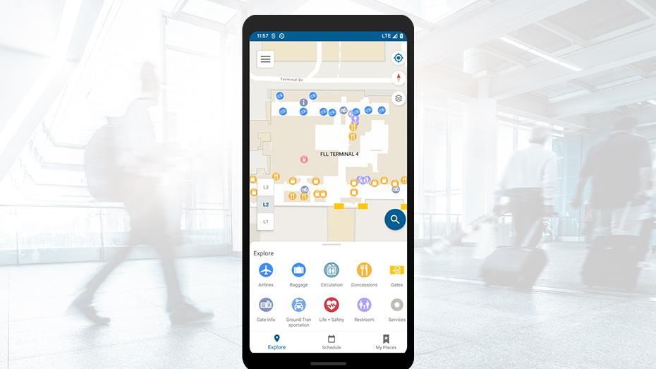 A mobile phone screen showing an indoor map with scattered blue and yellow circles and round icons,A mobile phone screen showing an indoor map with scattered blue and yellow circles and round icons