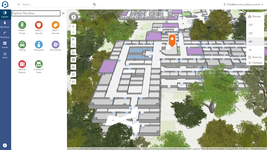 Indoor map of a campus with areas highlighted in gray and blue and an orange GPS arrow next to a popup window of round icons,Indoor map of a campus with areas highlighted in gray and blue and an orange GPS arrow next to a popup window of round icons
