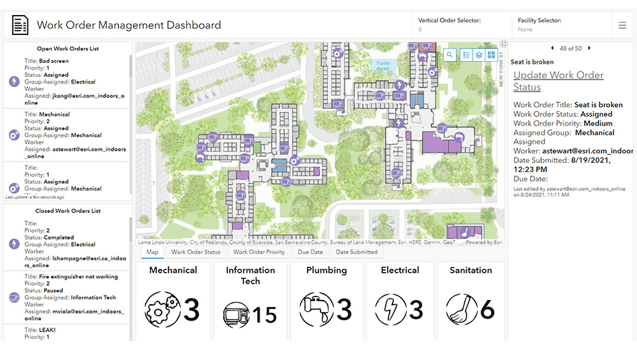 A work order dashboard with an indoor map of a large campus, numerical data and icons, and text for work order status,A work order dashboard with an indoor map of a large campus, numerical data and icons, and text for work order status