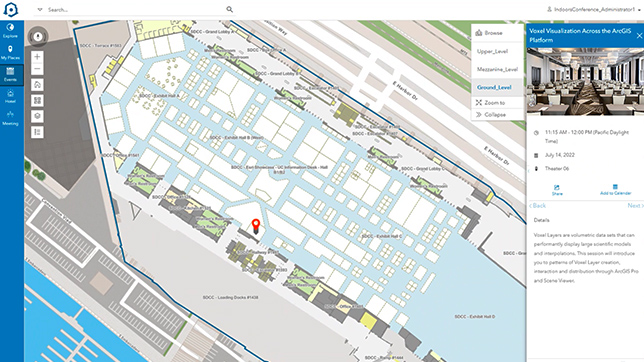 Indoor map of a convention center in the ArcGIS Indoors Viewer next to a popup window of a meeting space and text,Indoor map of a convention center in the ArcGIS Indoors Viewer next to a popup window of a meeting space and text