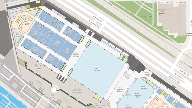 Indoor map of a large convention center with multiple squares showing the various spaces within the building,Indoor map of a large convention center with multiple squares showing the various spaces within the building