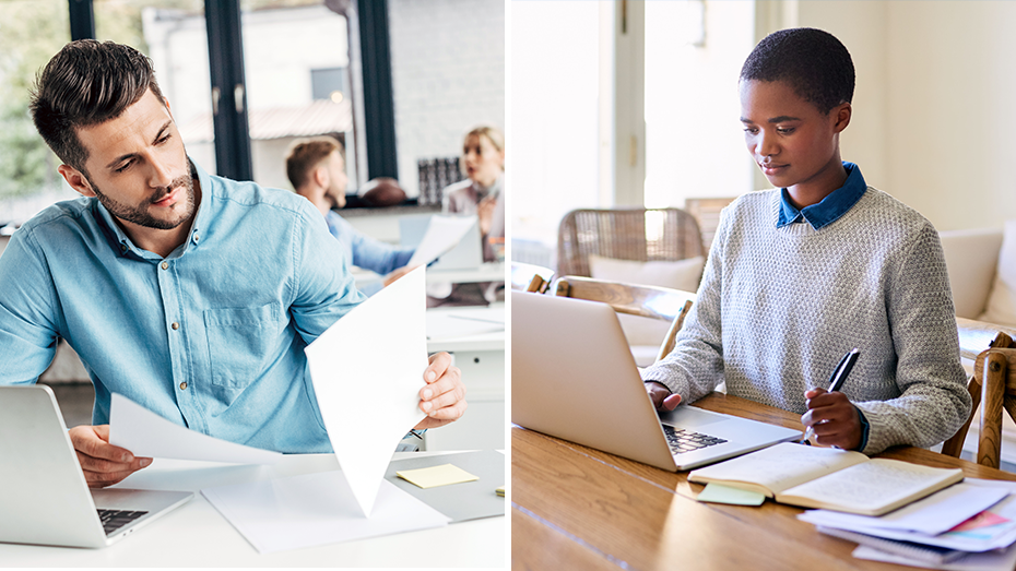 A side by side image of a man working in an office and a woman working from a home office,A side by side image of a man working in an office and a woman working from a home office
