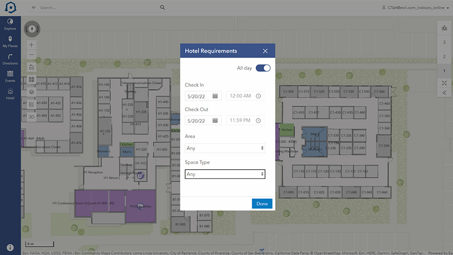 An indoor map of a building with offices designated in squares and a popup window with text that says hotel requirements ,An indoor map of a building with offices designated in squares and a popup window with text that says hotel requirements 