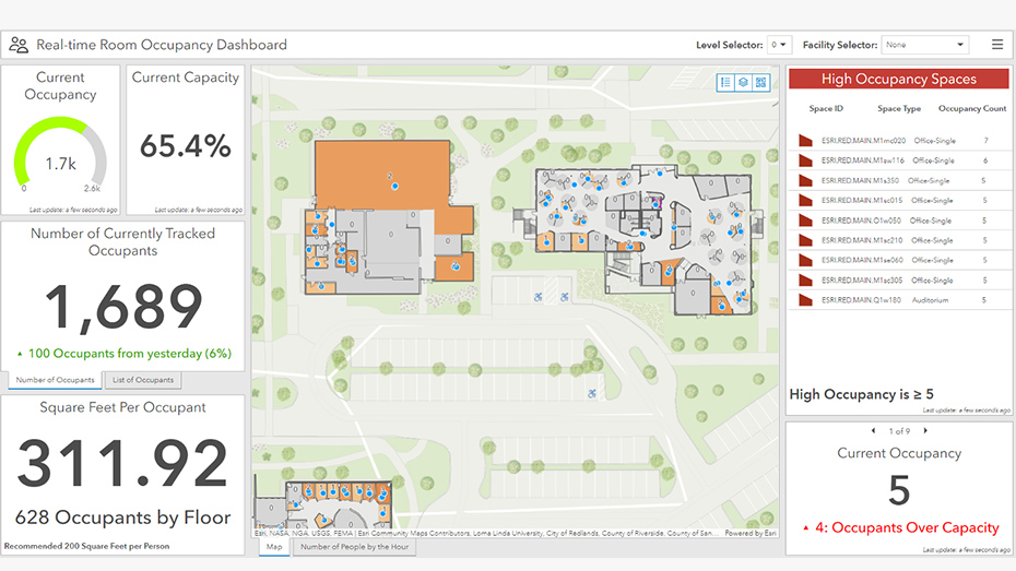 A dashboard showing metrics including numerical data and an aerial view of a digital map with buildings and green trees,A dashboard showing metrics including numerical data and an aerial view of a digital map with buildings and green trees