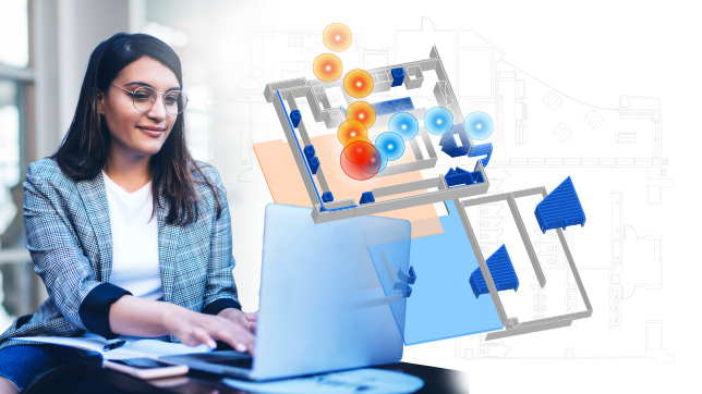 Woman wearing glasses working on a laptop with an inset digital illustration of an indoor map with blue and orange circles,Woman wearing glasses working on a laptop with an inset digital illustration of an indoor map with blue and orange circles
