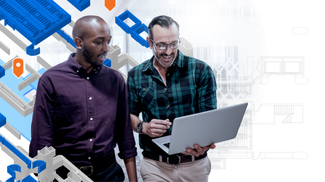 Two men walking and looking at a laptop next to an illustration of an indoor map with orange GPS arrows and blue buildings,Two men walking and looking at a laptop next to an illustration of an indoor map with orange GPS arrows and blue buildings