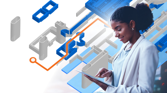 Woman using a tablet next to an indoor map illustration showing a route highlighted in orange and blue buildings,Woman using a tablet next to an indoor map illustration showing a route highlighted in orange and blue buildings