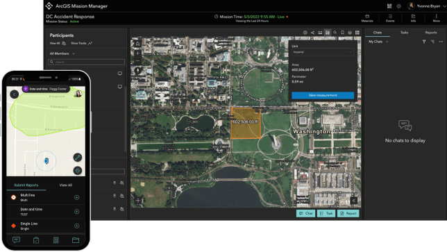 The ArcGIS Mission map interface on a mobile device and a computer with text and digital maps with streets and buildings