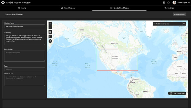 Red square over an area of interest on a digital map of North America in ArcGIS Mission computer interface