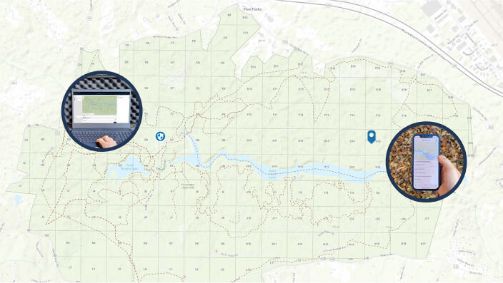 Composition of a 2D map in light green with inset images of a laptop and a mobile smart phone displaying maps