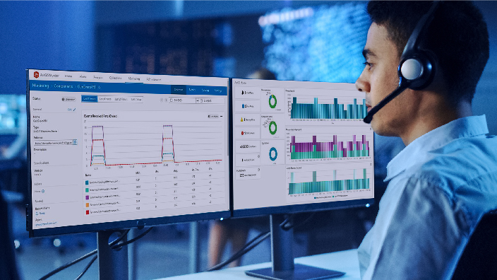 Dual computer monitors on a sleek modern desk displaying several charts for a seated individual wearing a blue collared shirt and headset