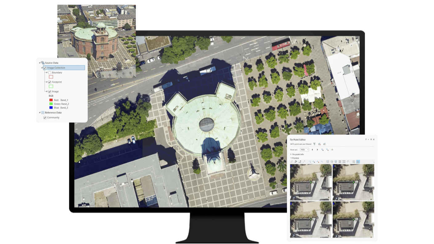Aerial view of a round building, a road, and green trees on a monitor representing an orthomosaic