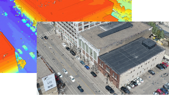2 side-by-side point cloud images of a city view with buildings, roads, and cars next to a purple and orange image