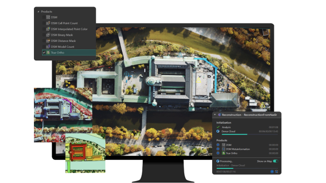 Orthomosaic of a building surrounded by green trees on a monitor and inset aerial views of the same building as a 3D mesh