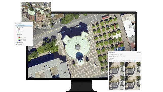 Aerial view of a round building, a road, and green trees on a monitor representing an orthomosaic 