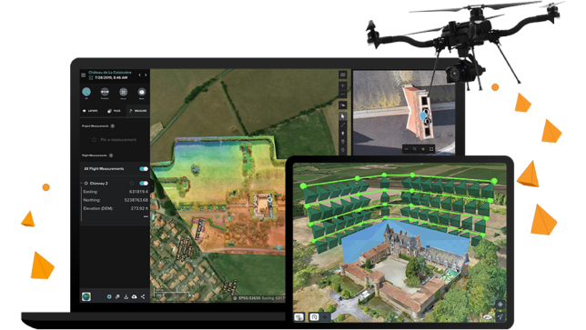 Laptop computer analyzing drone imagery of a castle and an iPad showing the flight pattern of a drone around a castle