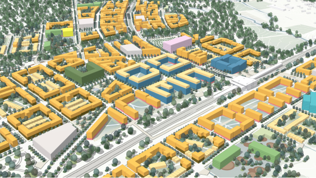  with 3D buildings, gray roads, and green trees