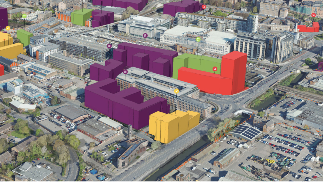 City skyline showing tall buildings, green trees, and a blue sky with select buildings highlighted red with a map pin on top