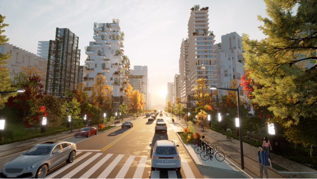 A virtual city streetscape showing tall buildings, a road, and cars representing the designs for new street lighting 