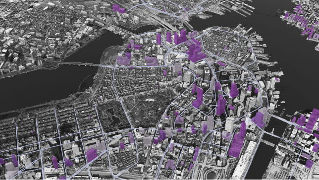 Black and white 3D imagery of a city’s roads and buildings with select building projects highlighted in purple