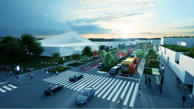 A virtual streetscape with a road, cars, and white buildings representing a new building proposal