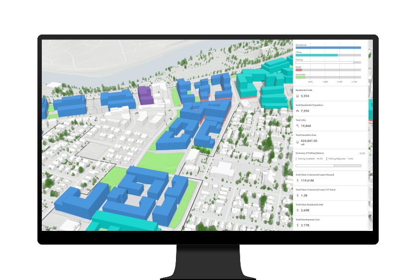 Computer monitor showing 3D visualization of building massings with select buildings colored in green, blue, and purple 