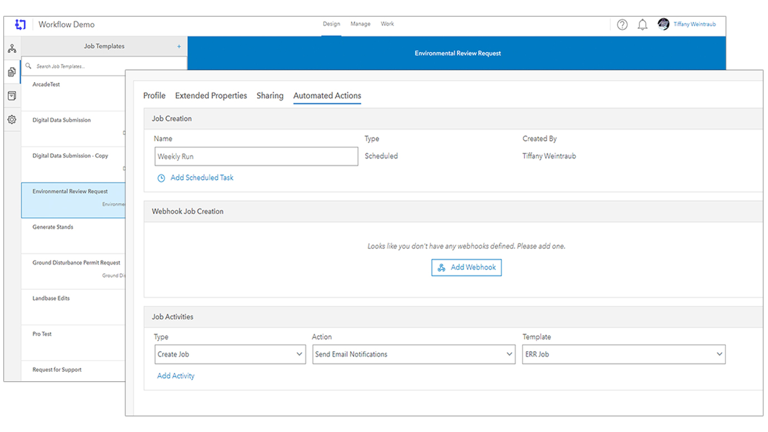 Screenshot with text and icons showing configuration options such as scheduling a job and adding web hooks