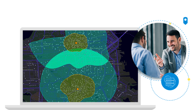 A laptop display showing a street grid map with transparent green circles highlighting two regions overlaid with graphic elements