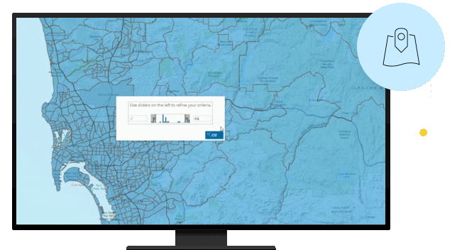 Computer monitor showing interactive map in blue with different regions highlighted in beige 