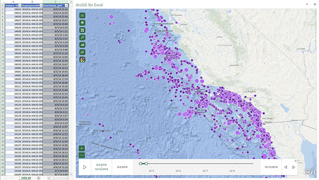 A sidebar spreadsheet with numerical data next to a coastal topography map of land and water with purple data points ,A sidebar spreadsheet with numerical data next to a coastal topography map of land and water with purple data points 