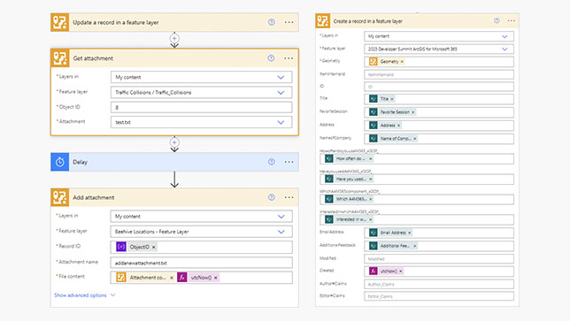 A screenshot of ArcGIS Power Automate showing white fillable boxes and text representing a trigger event and conditions,A screenshot of ArcGIS Power Automate showing white fillable boxes and text representing a trigger event and conditions