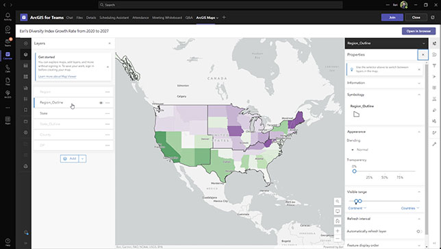 Microsoft Teams interface showing green and purple North American map and a sidebar with text,Microsoft Teams interface showing green and purple North American map and a sidebar with text