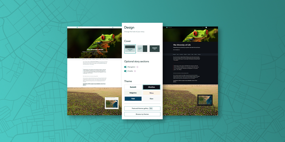 A webpage with a bright green frog image and text with an inset white popup box representing a design menu 