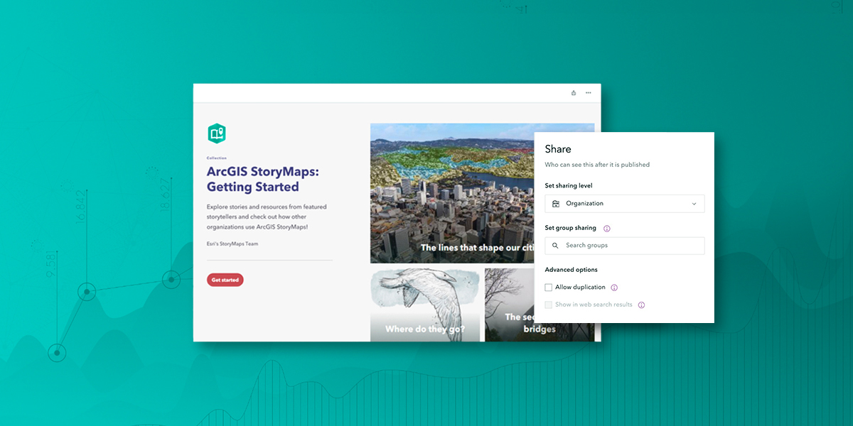 A webpage with the words ArcGIS StoryMaps in blue with an inset image of a white popup box with text and icons 