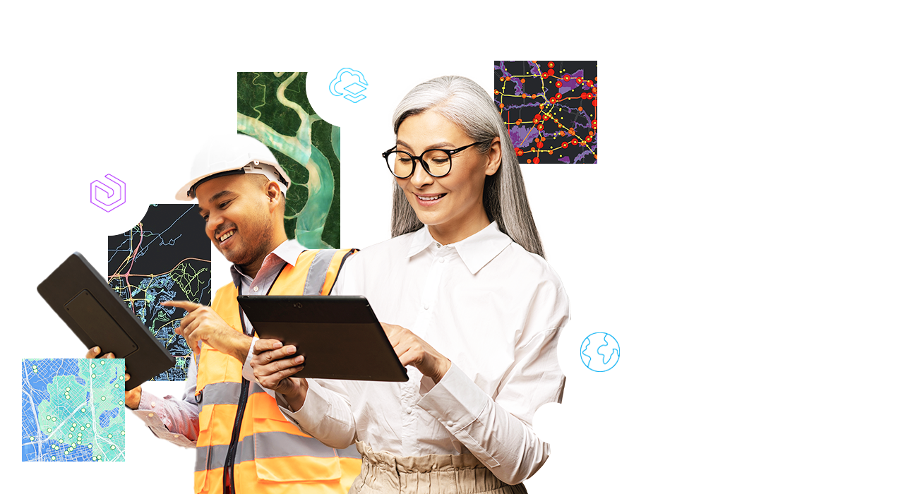 A professional woman and a man in a white hard hat looking at a tablet with inset images of maps and circular icons
