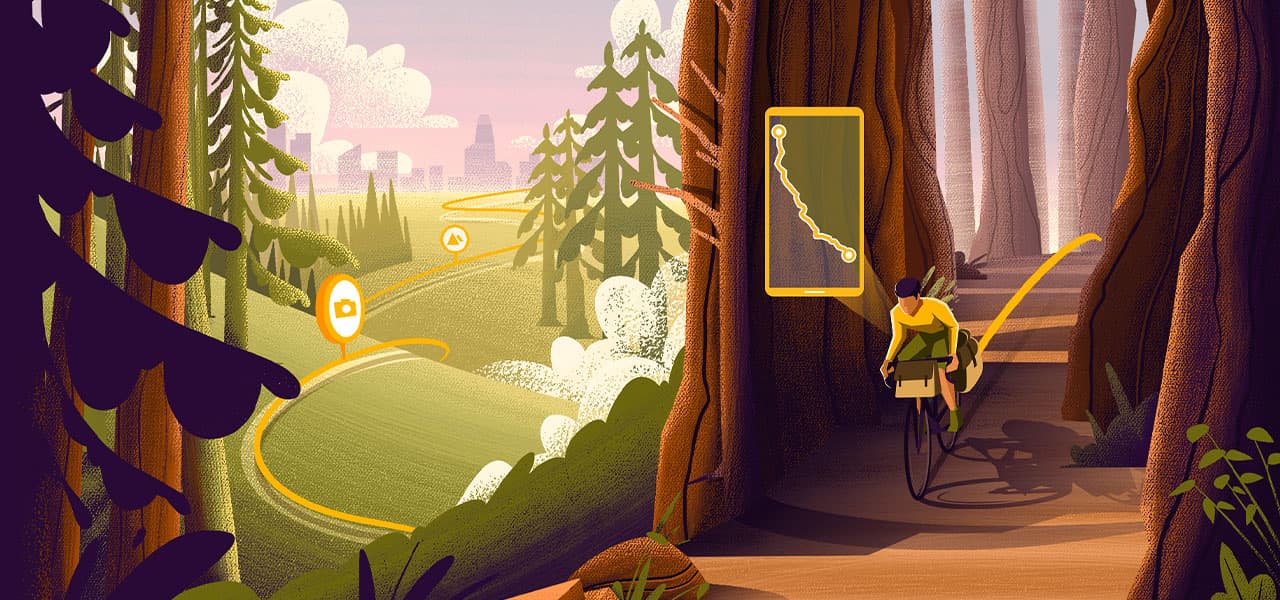 A graphic of a biker riding from a city into a forest with the bike route highlighted in yellow