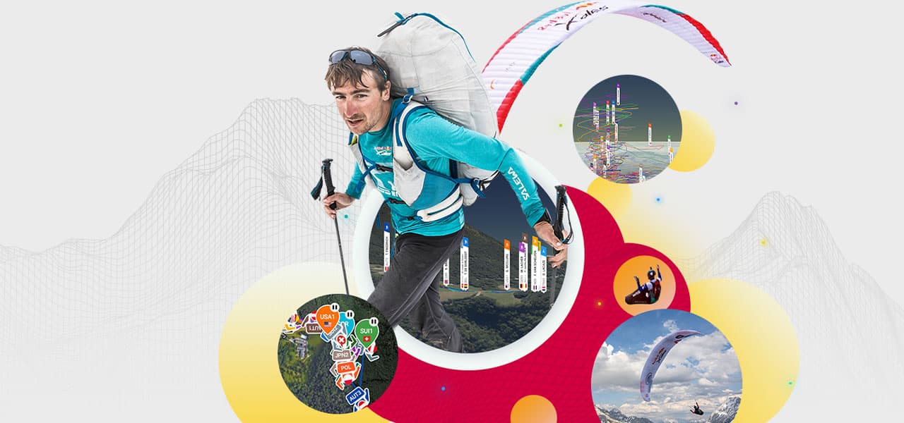 An athlete competing in Red Bull X-Alps surrounded by 3D maps from the Live Tracking app