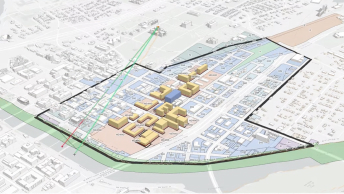 Aerial view of a 3D cityscape of downtown Des Moines, Iowa showing line of site analysis with black lines 