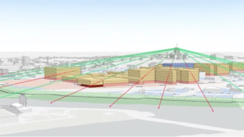 Side view of a cityscape with buildings showing line of site analysis with green and red connected lines
