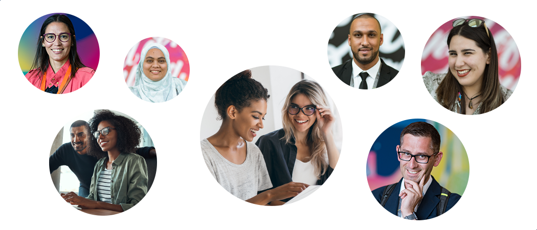 Seven circles containing individual portraits of culturally diverse GIS professionals