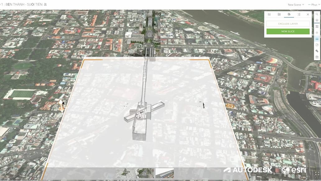 Aerial image of a sprawling lakeside city, overlaid with a 3D model of a potential construction project