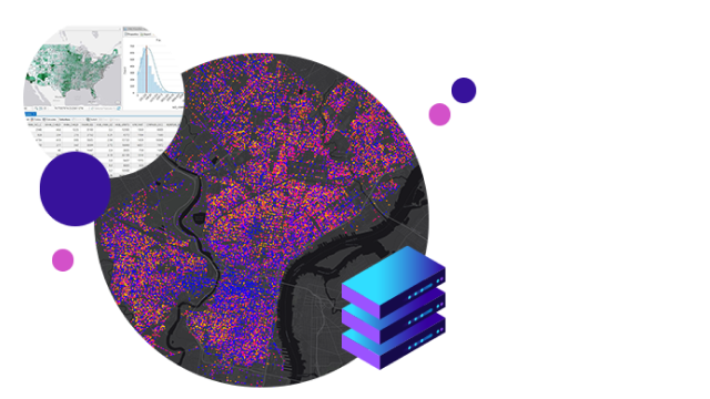 A dark mode map with many small blue, pink, and yellow data points overlaid with an illustration of a computer infrastructure stack and a circular image of data displayed in a dashboard