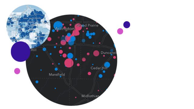 A dark grey map with blue and pink dots overlaid with a map of an area shaded in different degrees of blue surrounded by other graphic elements