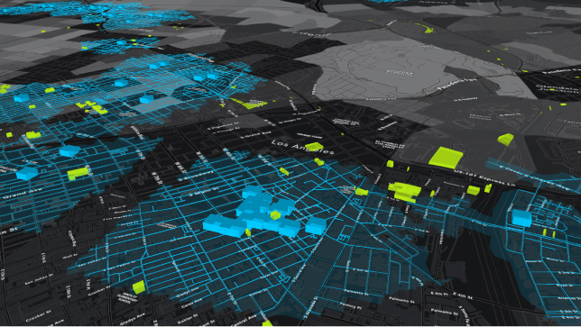 3D city map with street name labels, blue connected lines for roads, and blue 3D buildings plus custom symbology 