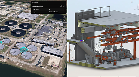 A split image with an aerial photo of an industrial complex on the left and a 3D building model in gray and red on the right
