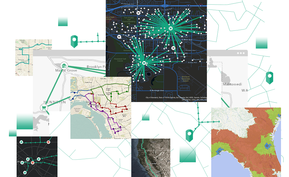 Collection of digital maps and street maps and a satellite image of land and ocean